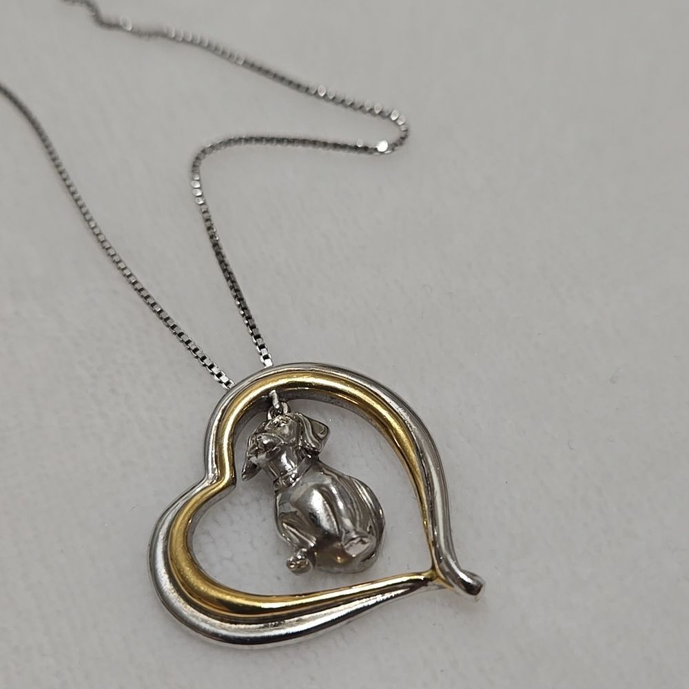 Sterling Silver & 24k Gold Heart Pendant Necklace with Dachshund Charm